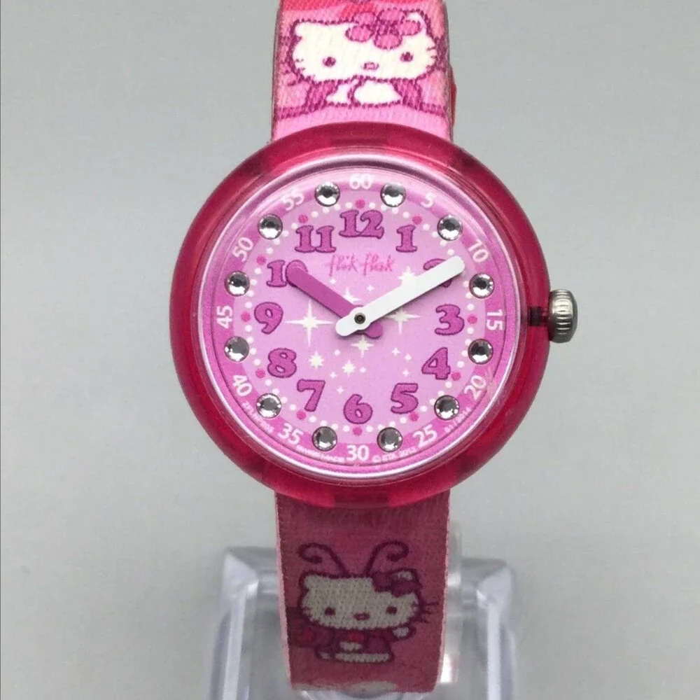 Flik Flak Hello Kitty Girls Watch 29mm Pink Dial Fabric Strap Swiss New Battery